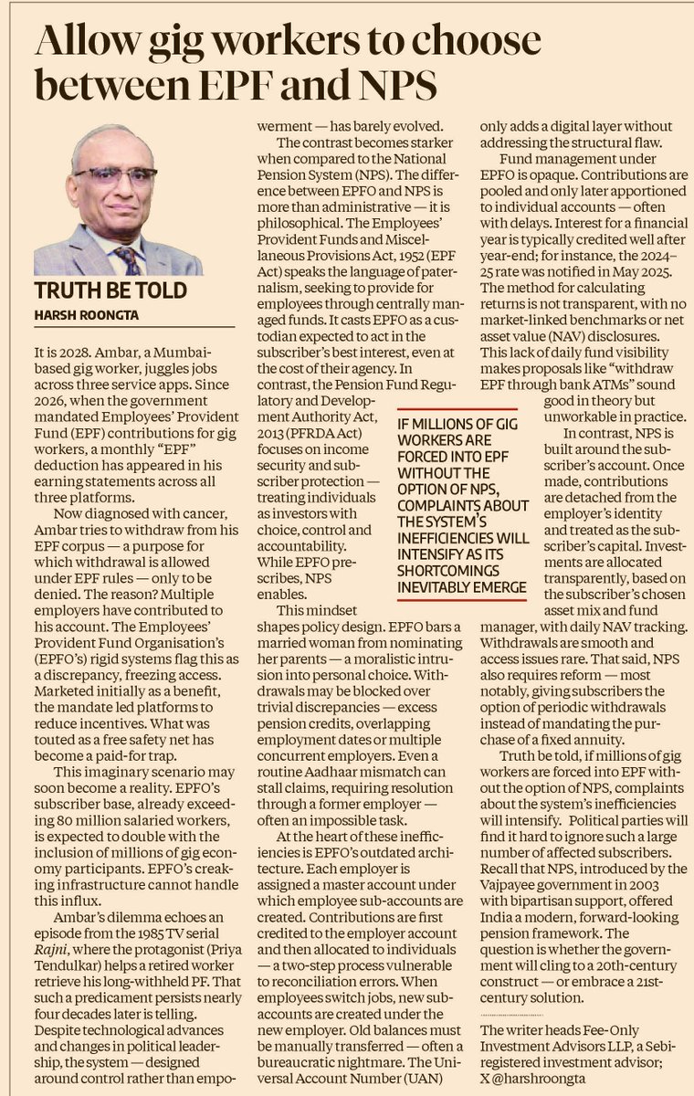 harshroongta's tweet photo. 80 million salaried #EPFO subscribers already struggle with delays, opacity & friction.

Now the system is set to double in size — as gig workers are added without the option of NPS.

Can any govt risk alienating such a massive vote base just to protect bureaucratic turf?

Read why it’s time to offer real choice — and let competition improve both systems. My article in @bsindia  

🔗 https://t.co/vM6MQ7aNJ5

#EPFO #NPS #PensionReform #GigEconomy #FinancialInclusion #PolicyMatters #India2025 @PFRDAOfficial  #HarshRoongta #FeeOnlyIndia @nsitharaman @nsitharamanoffc @PMOIndia @narendramodi  @socialepfo @LabourMinistry @mansukhmandviya @OfficeOf_MM @VameshC @feeonlyia @Circle_Wealth @saurabhsmittal @securingLives