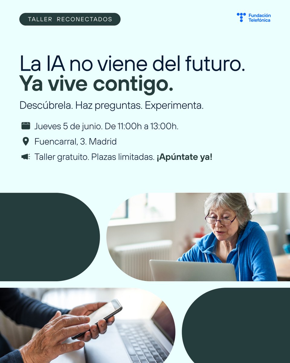 EspacioFTef's tweet photo. 🤖 ¿La inteligencia artificial te intriga, te asusta o simplemente no la entiendes del todo?

🧠 Ven a descubrir qué puede (y qué no puede) hacer.

📍 Taller gratuito en nuestro #Espacio @fundacionTef  
📅 Apúntate ahora:
👉https://t.co/VC7TbZk5z0 https://t.co/WA2Mf075Qc