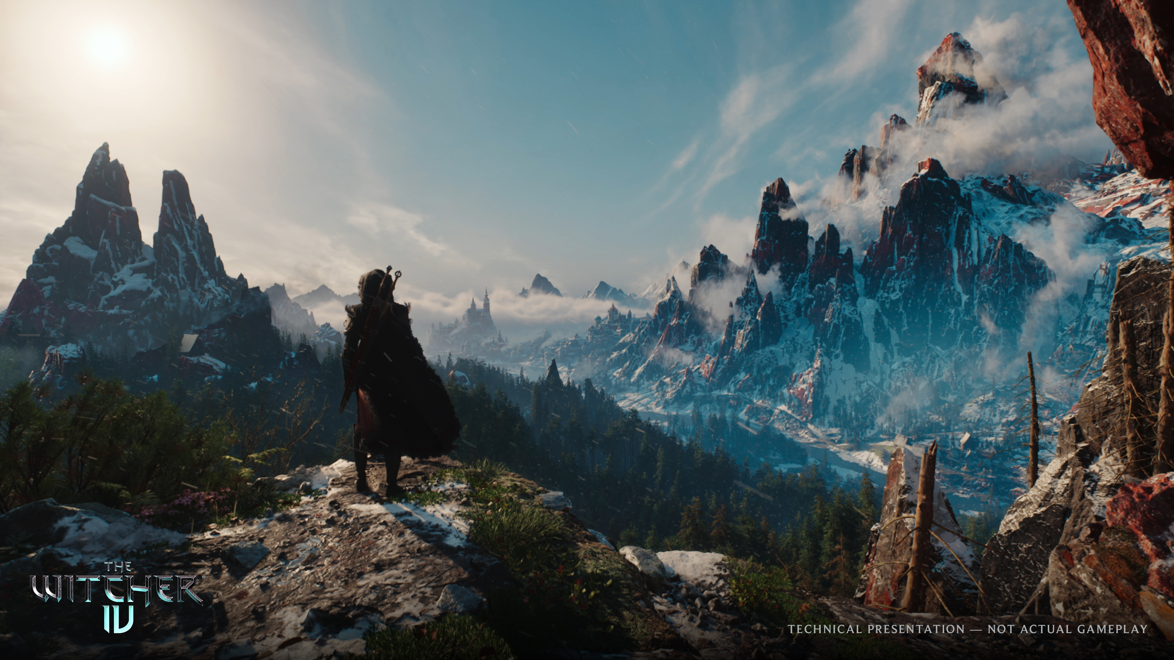 Screenshot from The Witcher 4 Unreal Engine 5 Tech Demo shows a hooded Ciri standing on the edge of a cliff, overlooking the forests and mountains of Kovir on a bright day. A grand medieval city can be spotted in the distance. The Witcher 4 logo is printed in the bottom left corner alongside text that reads, “Technical Presentation — Not Actual Gameplay.”