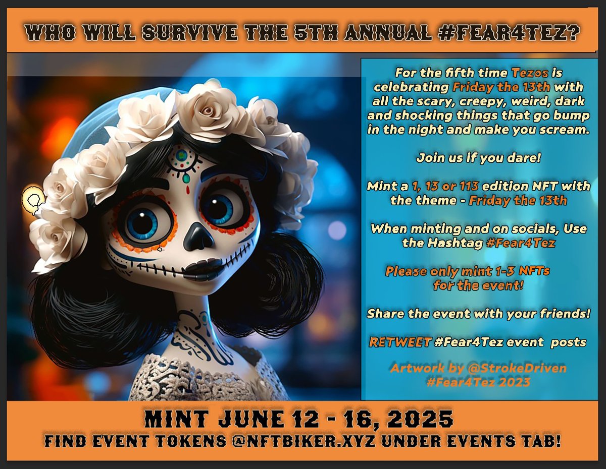 Lily White π¦ (@rblbab) on Twitter photo THE FIFTH ANNUAL #FEAR4TEZ!!!!  
Get your Friday the 13th artwork ready to mint.
BUT DON"T MINT YET!  
June 12th- 16 will be the official Minting period.
Here are the details THE FIFTH ANNUAL #FEAR4TEZ!!!!  
Get your Friday the 13th artwork ready to mint.
BUT DON"T MINT YET!  
June 12th- 16 will be the official Minting period.
Here are the details