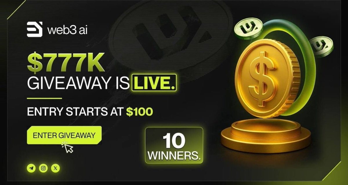🚀 Web3 AI Launches $777K Giveaway! 🎉

We're thrilled to announce our first ever giveaway! 💰 🔥

🎁 Total Prize Pool: $777,000
🏆 Winners: 10 lucky participants
💵 Minimum Entry: $100

🔗:Enter Now: web3ai.com/giveaway

Don't miss your chance to be part of this MONUMENTAL