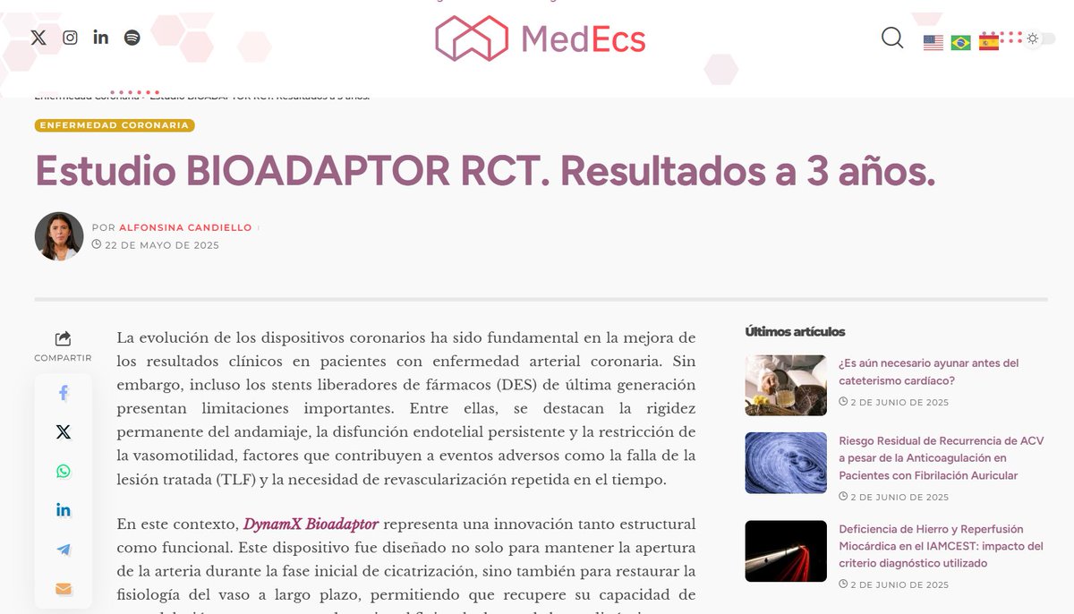 📊 Estudio #BIOADAPTOR RCT → Resultados a 3 años.

Fue un ensayo para comparar la seguridad y eficacia del DynamX Bioadaptor frente al stent liberador de zotarolimus Resolute Onyx.

📱 Lee el artículo de <a href="/med_ecs/">MedEcs</a> 
medecs.com.ar/estudio-bioada…