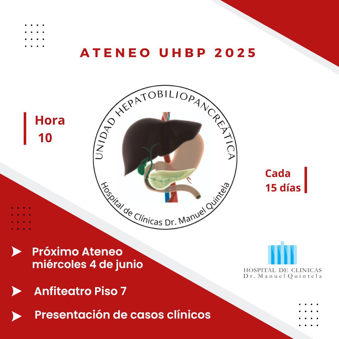 📢 ¡Invitación al próximo Ateneo de la Unidad Hepatobiliopancreática! 📢  
🔹 Fecha: Miércoles 3 de junio  
🔹 Hora: 10:00 AM  
🔹 Lugar: Anfiteatro, piso 7  
Extendemos la invitación a todos los servicios, profesionales médicos y estudiantes interesados en participar