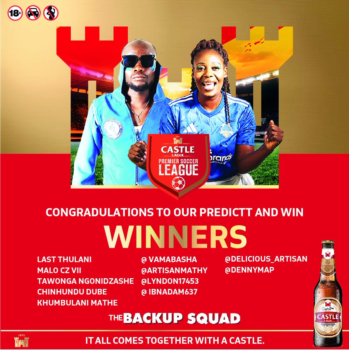 Castle Lager Zimbabwe (@castlelagerzw) on Twitter photo Congratulations to the winners of the MWOS F.C. vs Scottland F.C. predict and win competition! Kindly DM us for details on how to collect your prize. Congratulations to the winners of the MWOS F.C. vs Scottland F.C. predict and win competition! Kindly DM us for details on how to collect your prize.