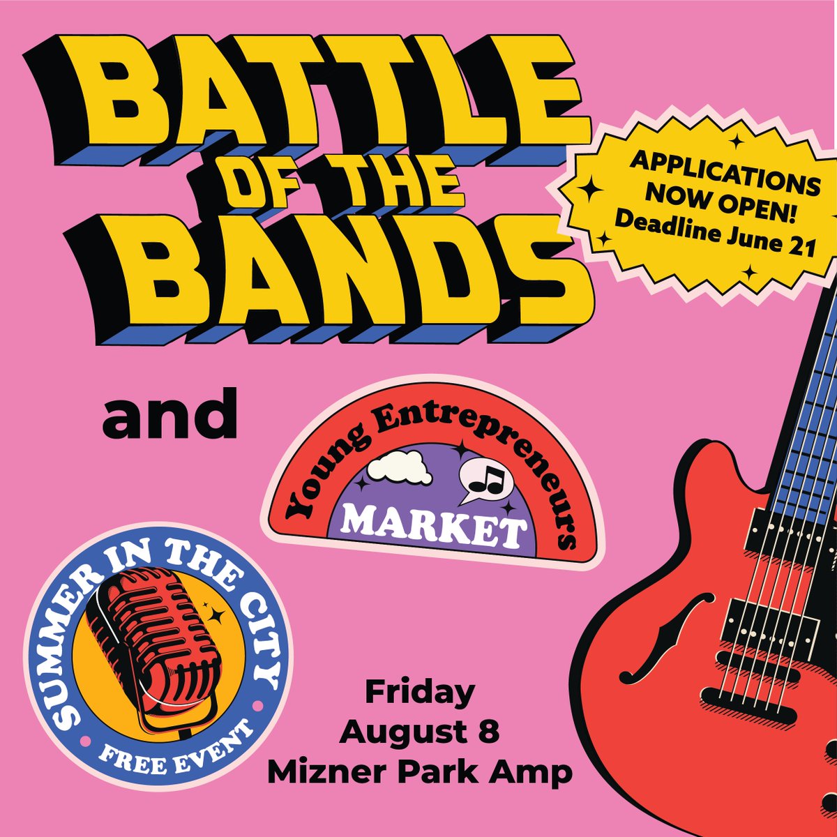 Mizner Amphitheater (@miznerparkamphi) on Twitter photo 🎸⏳ Calling all bands & young entrepreneurs! Applications for Boca’s Battle of the Bands & Marketplace close June 21. Rock the stage or showcase your biz! #Boca100 #MPA <a href="/CityBocaRaton/">City of Boca Raton</a> <a href="/BocaRecreation/">Boca Raton Recreation</a>
bit.ly/3ZJnVsa 🎸⏳ Calling all bands & young entrepreneurs! Applications for Boca’s Battle of the Bands & Marketplace close June 21. Rock the stage or showcase your biz! #Boca100 #MPA <a href="/CityBocaRaton/">City of Boca Raton</a> <a href="/BocaRecreation/">Boca Raton Recreation</a>
bit.ly/3ZJnVsa