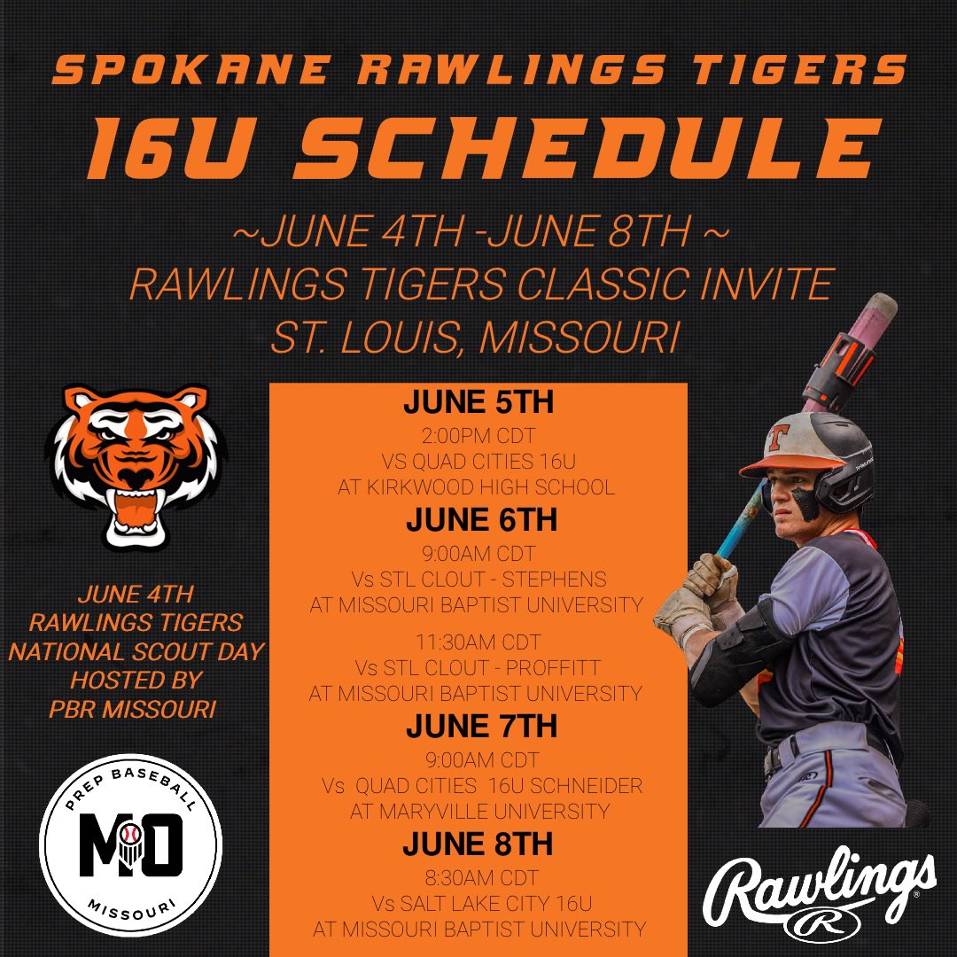 Rawlings Tigers Spokane (@509srt) on Twitter photo The 16s and 17s head to St. Louis, Missouri early tomorrow morning to go play in the Rawlings Tigers Classic Invite.
You can Follow all the game action and updates on X at: <a href="/RecruitTigers/">Rawlings Tigers National Recruiting</a> and <a href="/Rawlings_Tigers/">Rawlings Tigers</a> The 16s and 17s head to St. Louis, Missouri early tomorrow morning to go play in the Rawlings Tigers Classic Invite.
You can Follow all the game action and updates on X at: <a href="/RecruitTigers/">Rawlings Tigers National Recruiting</a> and <a href="/Rawlings_Tigers/">Rawlings Tigers</a>