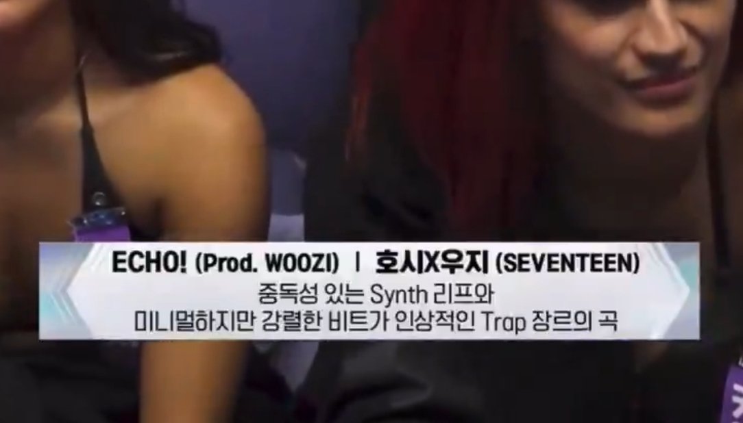 스우파 리더계급 미션곡

ECHO! (Prod. WOOZI) - 호시X우지
: 중독성 있는 Synth 리프와 미니멀하지만 강렬한 비트가 인상적인 Trap 장르의 곡

네?????