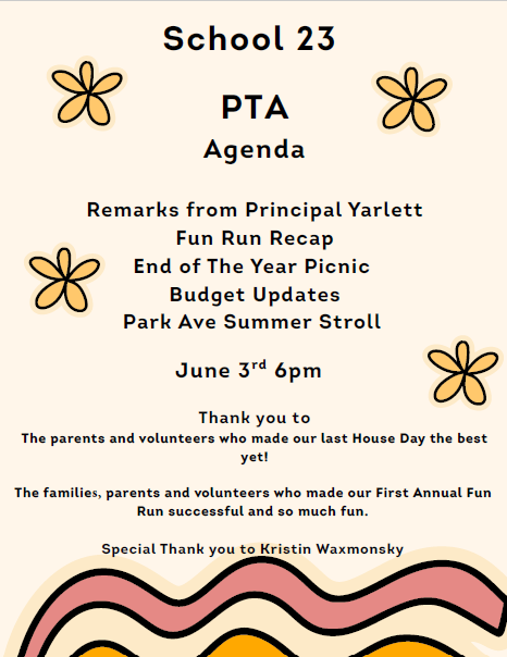 Reminder!! The PTA Meeting is tonight, Tuesday June 3rd, at 6pm in the School 23 cafeteria.  See you then!!