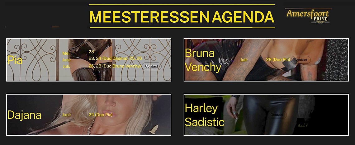 Webpartner <a href="/AmersfoortPrive/">AmersfoortPrive</a> heeft een nieuwe site! Helemaal nieuw is een lange termijnagenda met bezoekende Meesteressen(!!).
(Vooral <a href="/pia_ladypia/">Lady Pia</a>.)

Ook leuk: meer tekst en vernieuwde foto's van de Dames van Plezier. Bijv. Layla, doet ze aan soft-SM?
klapjes.nl/nieuwe-site-am…