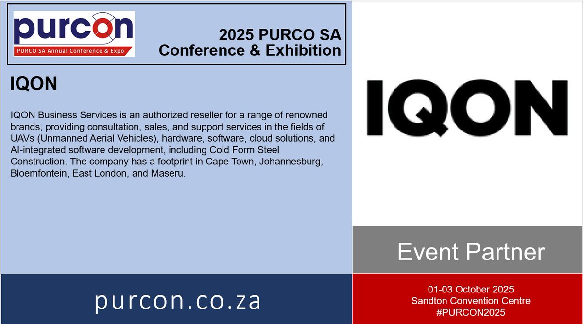 #PURCON2025 | We are excited to announce that
IQON will be joining us as a BRONZE event partner for the 2025 PURCO SA Conference &amp; Exhibition taking place from 📆01-03 October 2025 at the Sandton Convention Centre.

Visit purcon.co.za for more information.