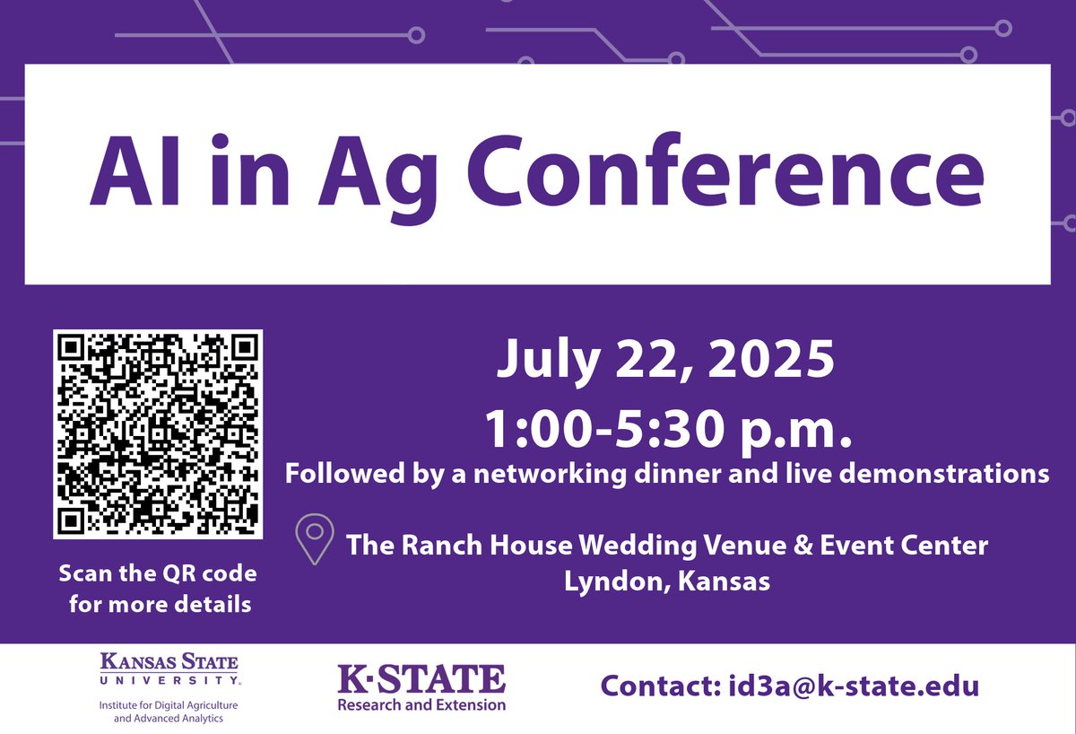 Excited to announce the first "AI in Ag Conference," co-hosted by ID3A and K-State Research &amp; Extension! Learn about cutting-edge AI in crops &amp; livestock. Join researchers, producers &amp; leaders. Register here: kstate.qualtrics.com/jfe/form/SV_9H…