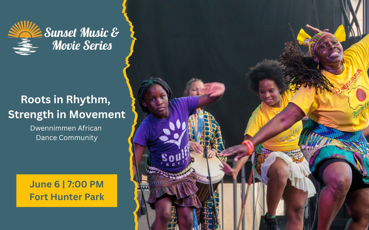 🌅🎶Join us Friday at Fort Hunter Park for a FREE performance by <a href="/dwennimmendance/">Dwennimmen African Dance Community</a>!

✨ Roots in Rhythm, Strength in Movement kicks off our Sunset Music &amp; Movie Series
6/6 | 7 PM | FREE 

Sponsors:  <a href="/Veolia/">Veolia</a>, <a href="/DADauphinCounty/">DauphinCountyDrug&AlcoholServices</a>, and <a href="/OlliesOutlet/">Ollie's</a>!

Details: bit.ly/DCSunsetSeries