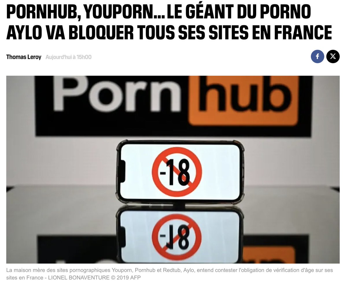 Pornhub, YouPorn et Redtube contestent la loi de la République, celle qui protège les mineurs en imposant la vérification de l'âge pour accéder aux sites porno.

Et bien qu'ils partent.

Le porno est en train de détruire une génération entière et son rapport aux corps, aux