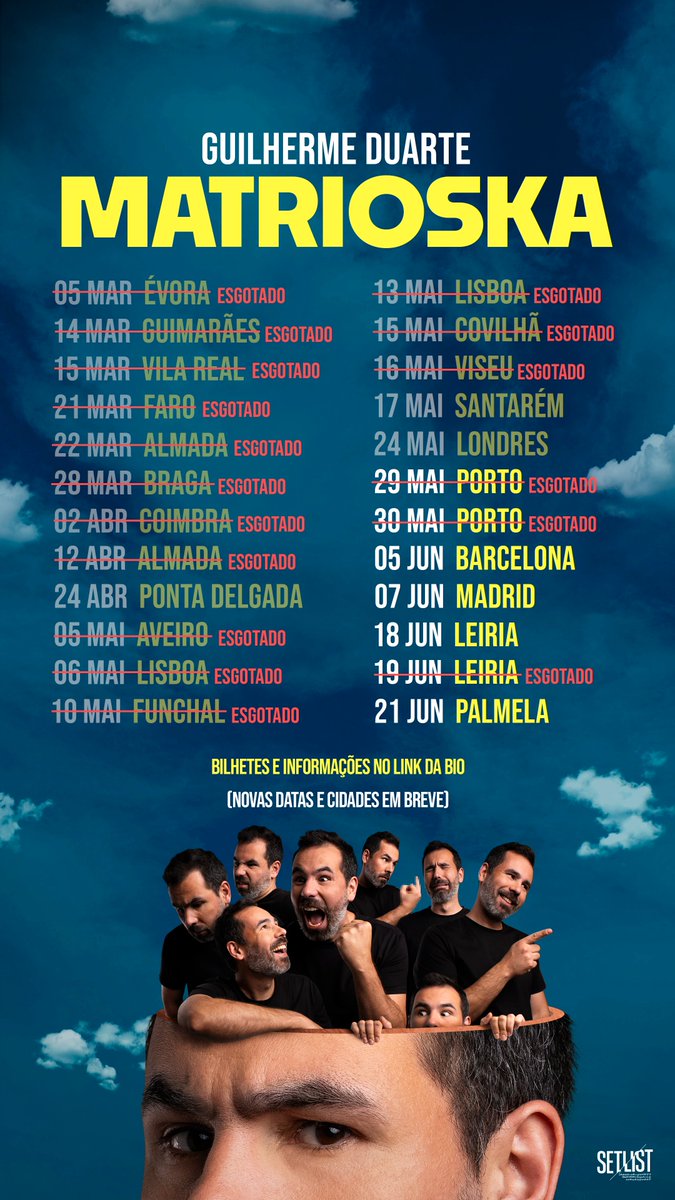 Primeira parte da tour quase a terminar. Novas datas e cidades a anunciar esta semana para a segunda metade da tour que começará em Setembro. Obrigado a todos os que já foram.