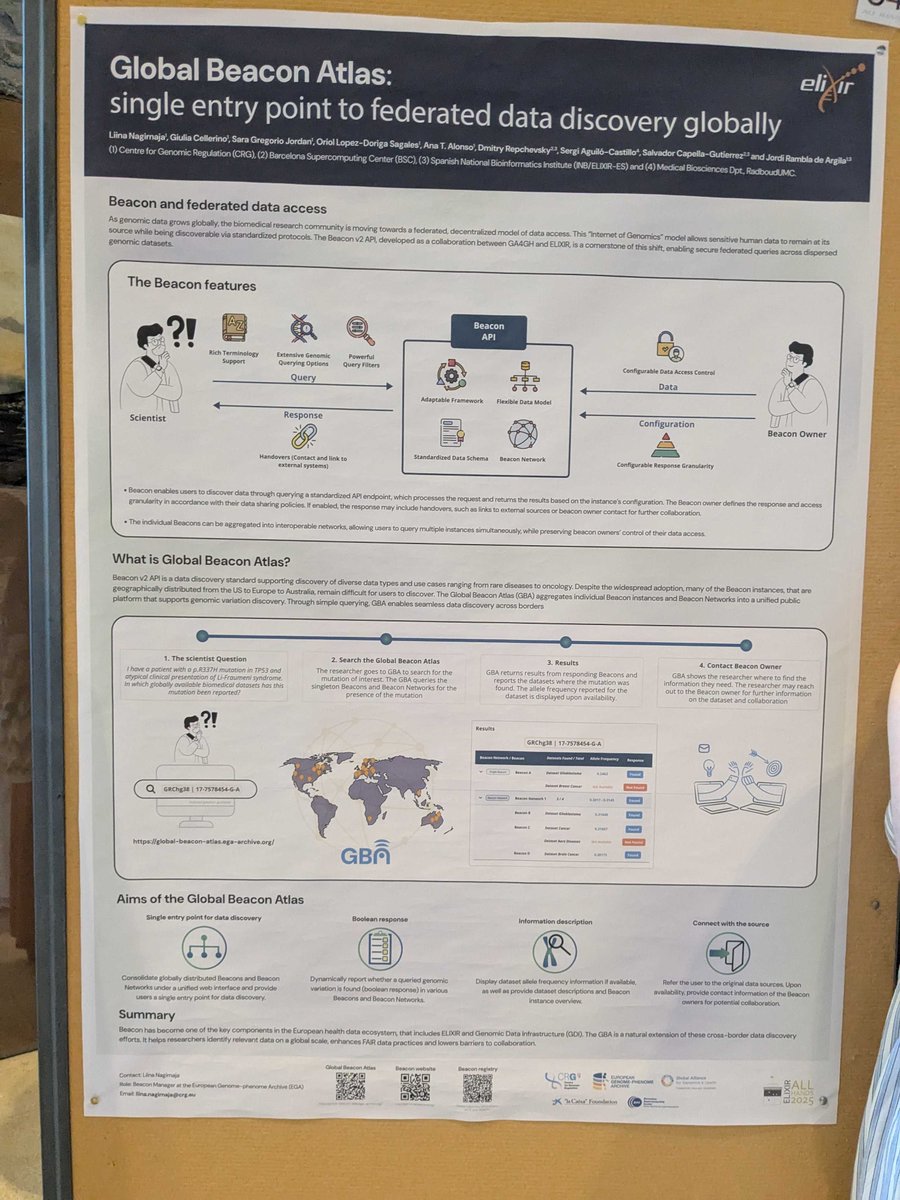 📍Don't miss the poster sessions during the #ELIXIR25 All Hands Meeting! Find us at poster 8⃣4⃣ to learn more about Global Beacon Atlas, the single entry point to federated data discovery globally
