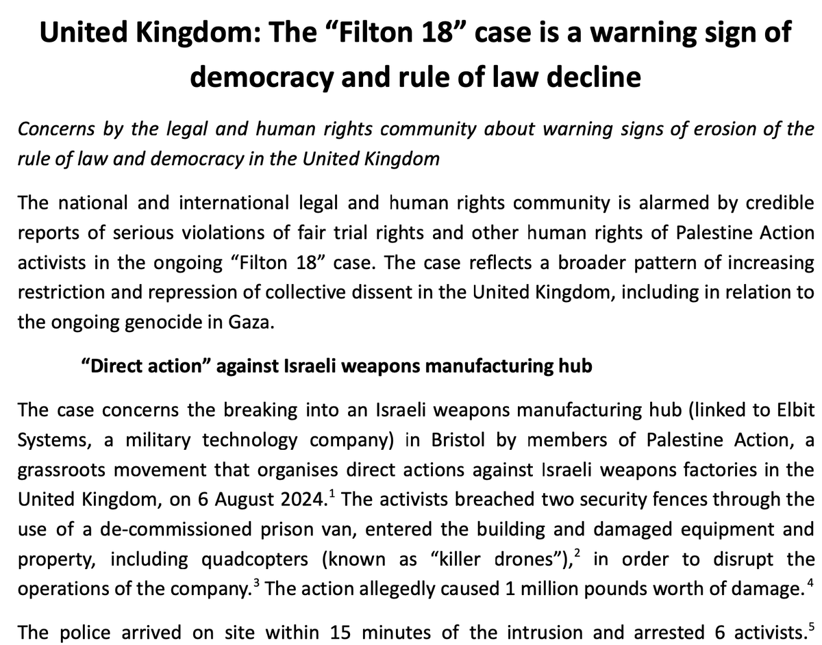 New: Twenty legal organisations from across the world have condemned the UK government's sweeping campaign against <a href="/Pal_action/">Palestine Action</a>'s Filton 18 as "a warning sign of democracy and rule of law [in] decline".