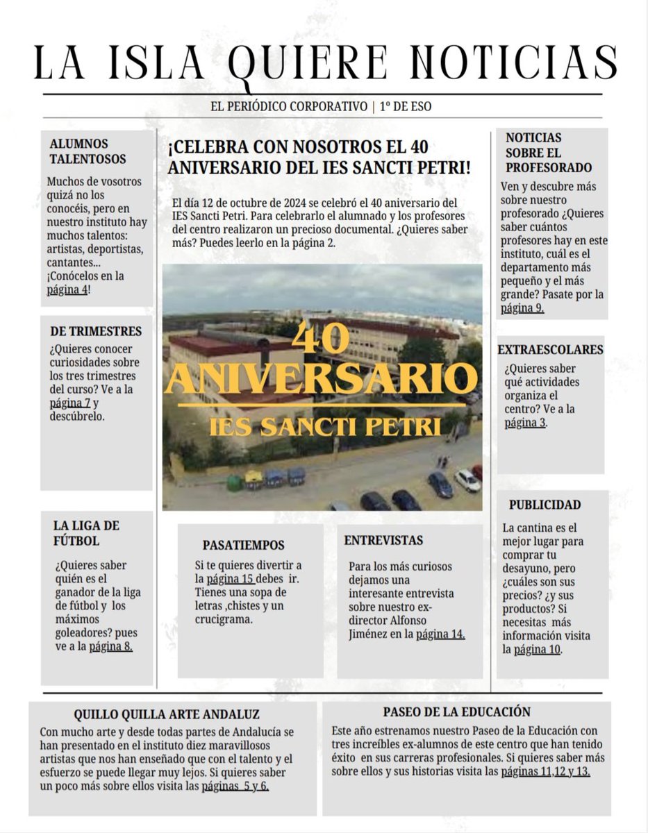 📰 ¡La Isla quiere noticias ya está aquí! 

Os presentamos el periódico escolar que con ilusión, esfuerzo y creatividad ha elaborado el alumnado de Medios de Comunicación de 1º de ESO. Pásate por nuestra Biblioteca para ponerte al día de las noticias del Centro.