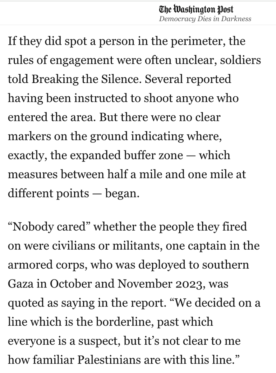 All of this 🧵.

I'd just add that it is not surprising that IDF troops who have spent months shooting any unarmed man who enters unmarked buffer zones are quick on the trigger when unarmed men cross some other unmarked line.
