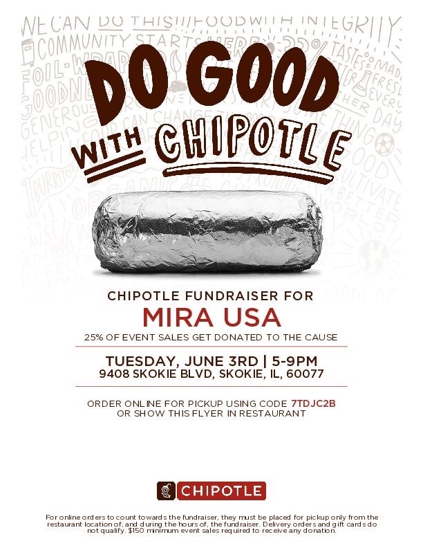 🎉 Today’s the big day! 🎉
Come enjoy a delicious meal while supporting a great cause: MIRA USA 🇺🇸❤️
📍9408 Skokie Blvd, Skokie, IL
🕕Time: 5:00 p.m. – 9:00 p.m.
📲Ordering online? Code: 7TDJC2B
📢 Important: Show the flyer or mention you’re supporting MIRA USA when you order.