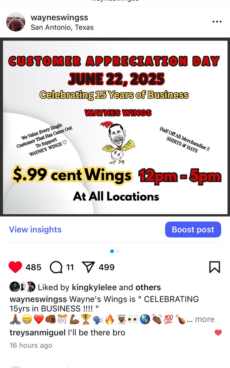 Wayne's Wings is " CELEBRATING 15yrs in BUSINESS !!!! " 
🙏🏾😁❤️🫵🏾🎊💪🏾🏆🗣️🔥👨🏾‍🍳👀🌎👏🏾💯🍗
THANK YOU TO ALL WHO HAVE SUPPORTED Wayne's Wings IN ANY WAY !!! WE ARE SELLING $.99 WINGS ON JUNE 22,2025 🔥🔥🔥🔥
