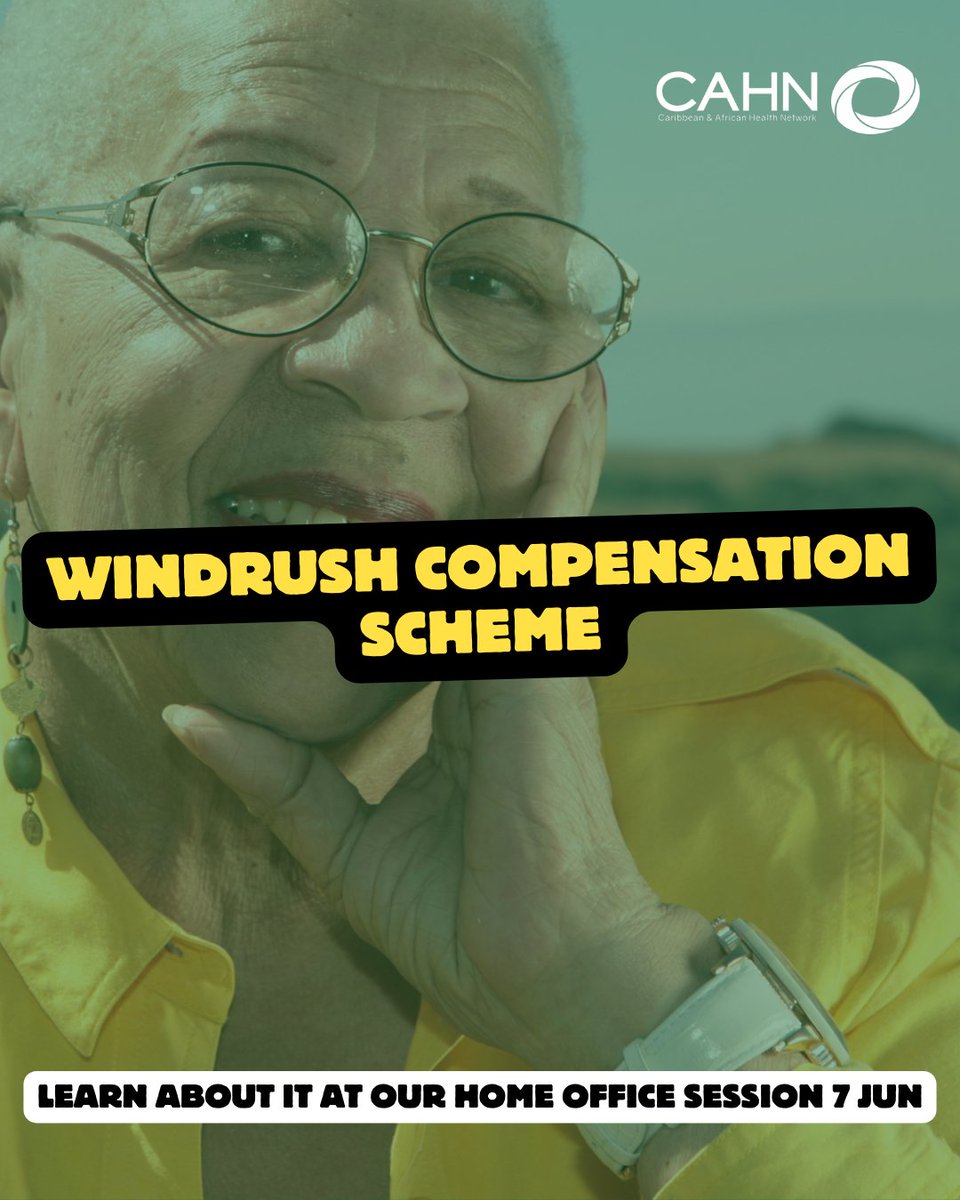 Caribbean & African Health Network (@cahn_uk) on Twitter photo Don’t miss our special webinar on the #WindrushCompensation Scheme.
Sat 7 June (1–3 PM).
Learn how to check if you're eligible and how to claim.
Speak directly to the Home Office Windrush Team.
Sign up: portal.cahn.org.uk/homeofficesess…
📧 advocacy@cahn.org.uk
#windrushDay #Windrush Don’t miss our special webinar on the #WindrushCompensation Scheme.
Sat 7 June (1–3 PM).
Learn how to check if you're eligible and how to claim.
Speak directly to the Home Office Windrush Team.
Sign up: portal.cahn.org.uk/homeofficesess…
📧 advocacy@cahn.org.uk
#windrushDay #Windrush