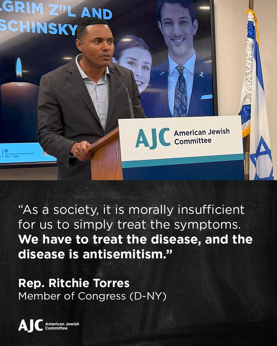 American Jewish Committee (@ajcglobal) on Twitter photo .<a href="/RepRitchie/">Rep. Ritchie Torres</a> is a fearless advocate for the Jewish people and Israel.
In the wake of the murders of Sarah Milgrim and Yaron Lischinsky, he has reaffirmed his commitment to stamping out antisemitism with moral clarity and conviction. .<a href="/RepRitchie/">Rep. Ritchie Torres</a> is a fearless advocate for the Jewish people and Israel.
In the wake of the murders of Sarah Milgrim and Yaron Lischinsky, he has reaffirmed his commitment to stamping out antisemitism with moral clarity and conviction.