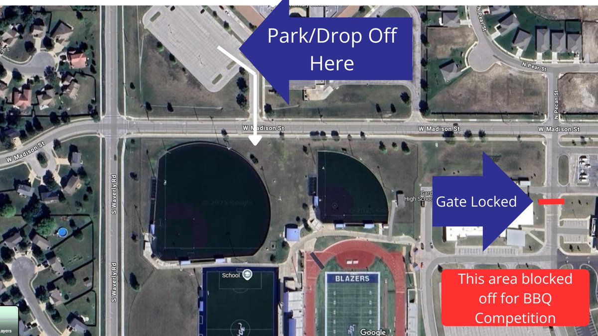 Due to a BBQ competition taking place at GEHS on Wednesday, camper parents will park at Madison Elementary, and come in through the gate by the varsity baseball field on Madison street.