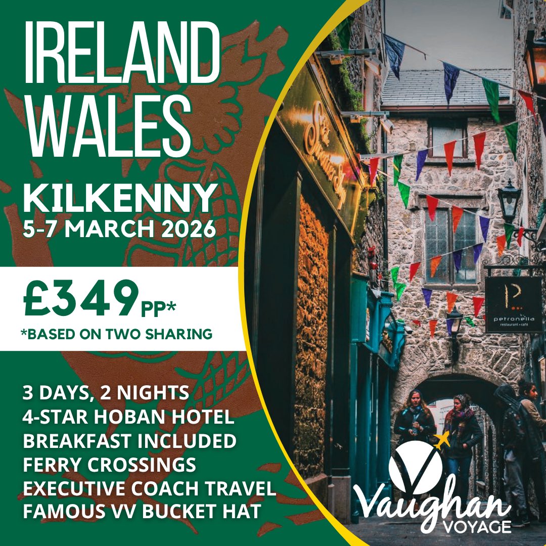 🏉 IRELAND v WALES 🏉

Join us in Kilkenny next March for round 4 of the 6N and relax in the city’s medieval surroundings, as you watch the big game on screen.

For those who wish to experience Dublin on match day, coach transfers will be provided.😉

👉 info@vaughanvoyage.com 👈