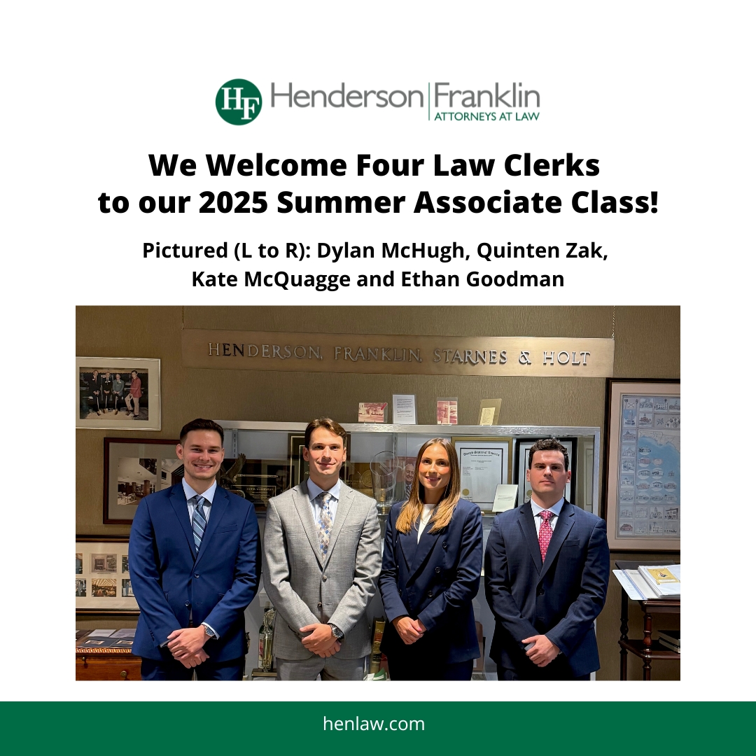 Henderson, Franklin, Starnes & Holt, P.A. (@henlawswfl) on Twitter photo We are pleased to the 2025 Summer Associates from <a href="/LSULawCenter/">LSULawCenter</a>, Stetson Law School, <a href="/FSUCollegeofLaw/">FSU College of Law</a> and <a href="/AveMariaLaw/">Ave Maria School of Law</a>
We’re proud to mentor these talented law students as they gain hands-on experience across multiple legal areas.
henlaw.com/news-insights/…
#swfl #law #FL We are pleased to the 2025 Summer Associates from <a href="/LSULawCenter/">LSULawCenter</a>, Stetson Law School, <a href="/FSUCollegeofLaw/">FSU College of Law</a> and <a href="/AveMariaLaw/">Ave Maria School of Law</a>
We’re proud to mentor these talented law students as they gain hands-on experience across multiple legal areas.
henlaw.com/news-insights/…
#swfl #law #FL