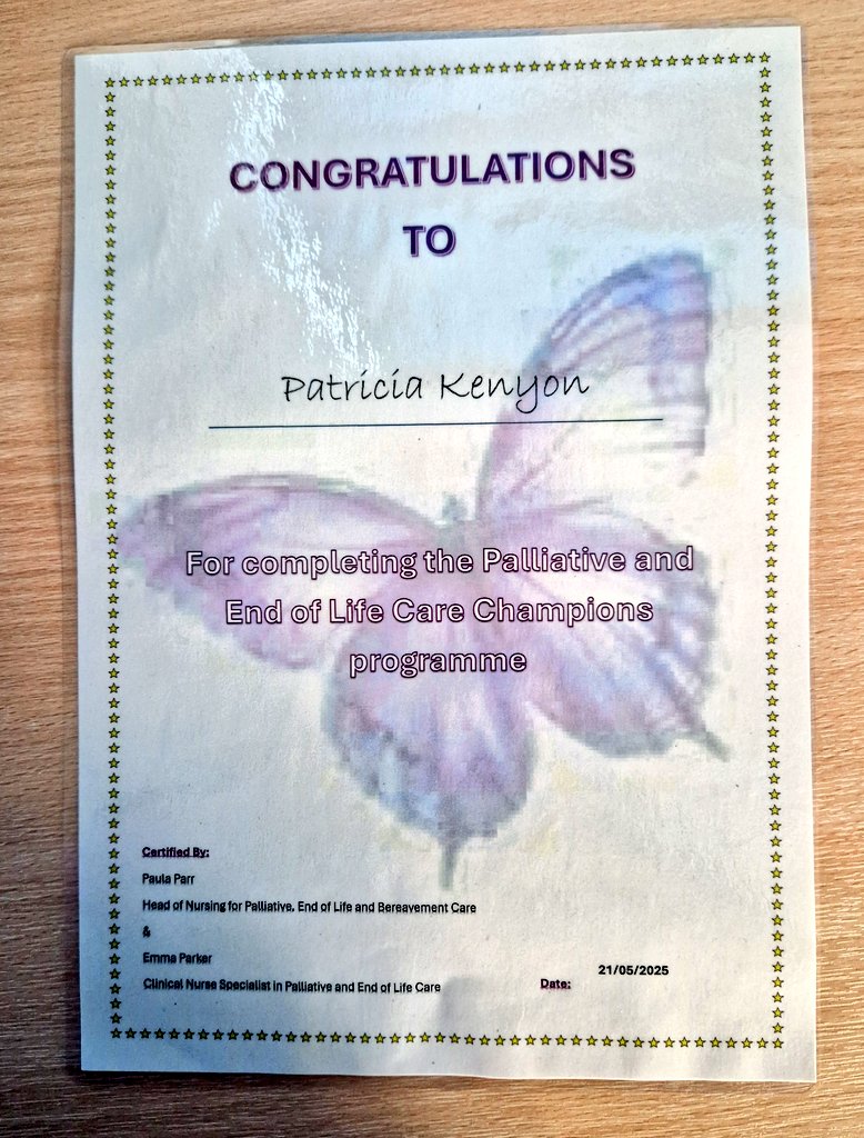 ☆Patricia Kenyon☆ 
Well Done Pat on completing the Palliative and End of Life Care Champions Programme. 🌟