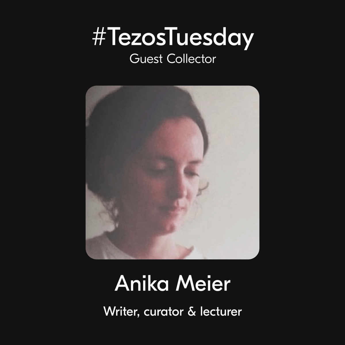 Tezos (@tezos) on Twitter photo Happy #TezosTuesday!
This week, <a href="/postanika/">anika meier</a> will collect 500 tez worth of art from the replies and through her own exploring 🔍 Share your work👇
Anika has been curating and collecting on Tezos since 2021, this year, she also co-founded the curatorial collective <a href="/_second_guess/">The Second-Guess</a> Happy #TezosTuesday!
This week, <a href="/postanika/">anika meier</a> will collect 500 tez worth of art from the replies and through her own exploring 🔍 Share your work👇
Anika has been curating and collecting on Tezos since 2021, this year, she also co-founded the curatorial collective <a href="/_second_guess/">The Second-Guess</a>