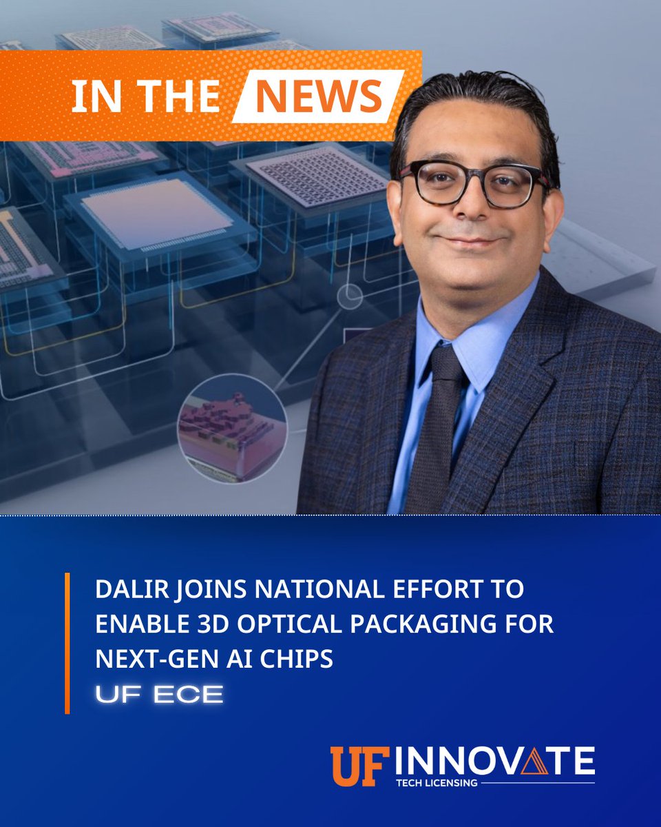 UF Innovate | Tech Licensing (@ufotl) on Twitter photo 📡 <a href="/ECEflorida/">ECE Florida</a>'s Dr. Hamed Dalir is part of a $5.2M <a href="/DARPA/">DARPA</a>-backed effort to revolutionize AI chips with 3D optical tech.
His team is building photonic systems that move data with light - not wires - making chips faster, cooler, & more connected.
🔗: innovate.research.ufl.edu/2025/05/08/uf-… 📡 <a href="/ECEflorida/">ECE Florida</a>'s Dr. Hamed Dalir is part of a $5.2M <a href="/DARPA/">DARPA</a>-backed effort to revolutionize AI chips with 3D optical tech.
His team is building photonic systems that move data with light - not wires - making chips faster, cooler, & more connected.
🔗: innovate.research.ufl.edu/2025/05/08/uf-…
