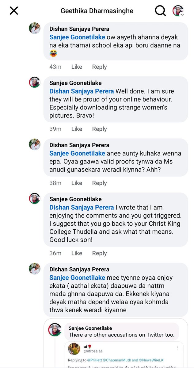 nomadic_sanjee's tweet photo. These are the comments of one young man on Facebook. Within 5 minutes he sends me a FB request &amp; a personal message. This #AnudiGate is bringing out all the "triggers" hidden under #BeautyPatriotism in #SriLanka.

Weird creepy incel behaviour. https://t.co/INxQCmjtBz