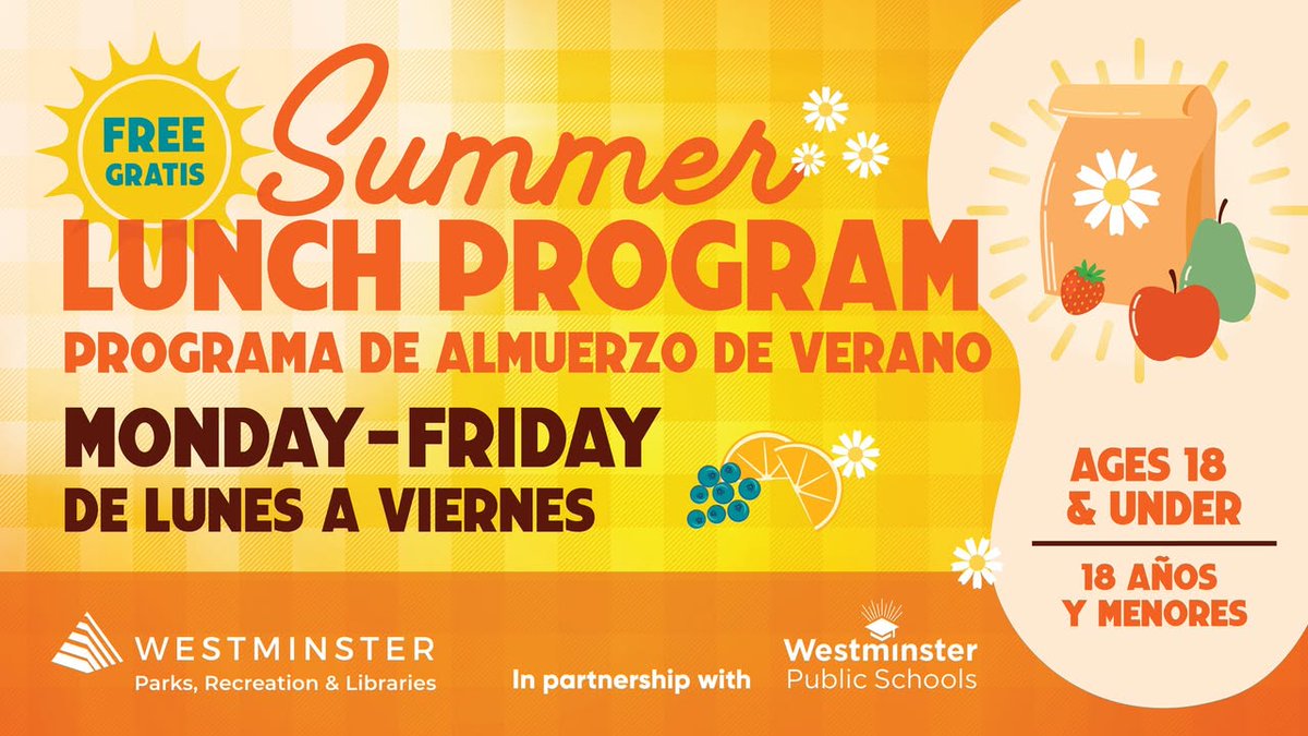 Children and youth ages 18 and under can get free lunch Monday-Friday from 11 am to 1 pm through August 1. A small fee applies for ages 19+.

Locations include: City Park Rec Center, Swim &amp; Fitness Center, Countryside Park &amp; Pool, McFall Park, and the Westminster Sports Center.