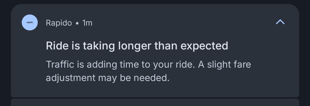someotherva's tweet photo. @RapidoCares Hi, this happened again. The notification says it's because of longer time due to traffic?? and it's charging ME 24₹ EXTRA for it? How is it in my control?? @rapidobikeapp @RapidoCares @JoshiPralhad @jaagograhakjago @JaagoGrahak https://t.co/o8aXOl1xhd
