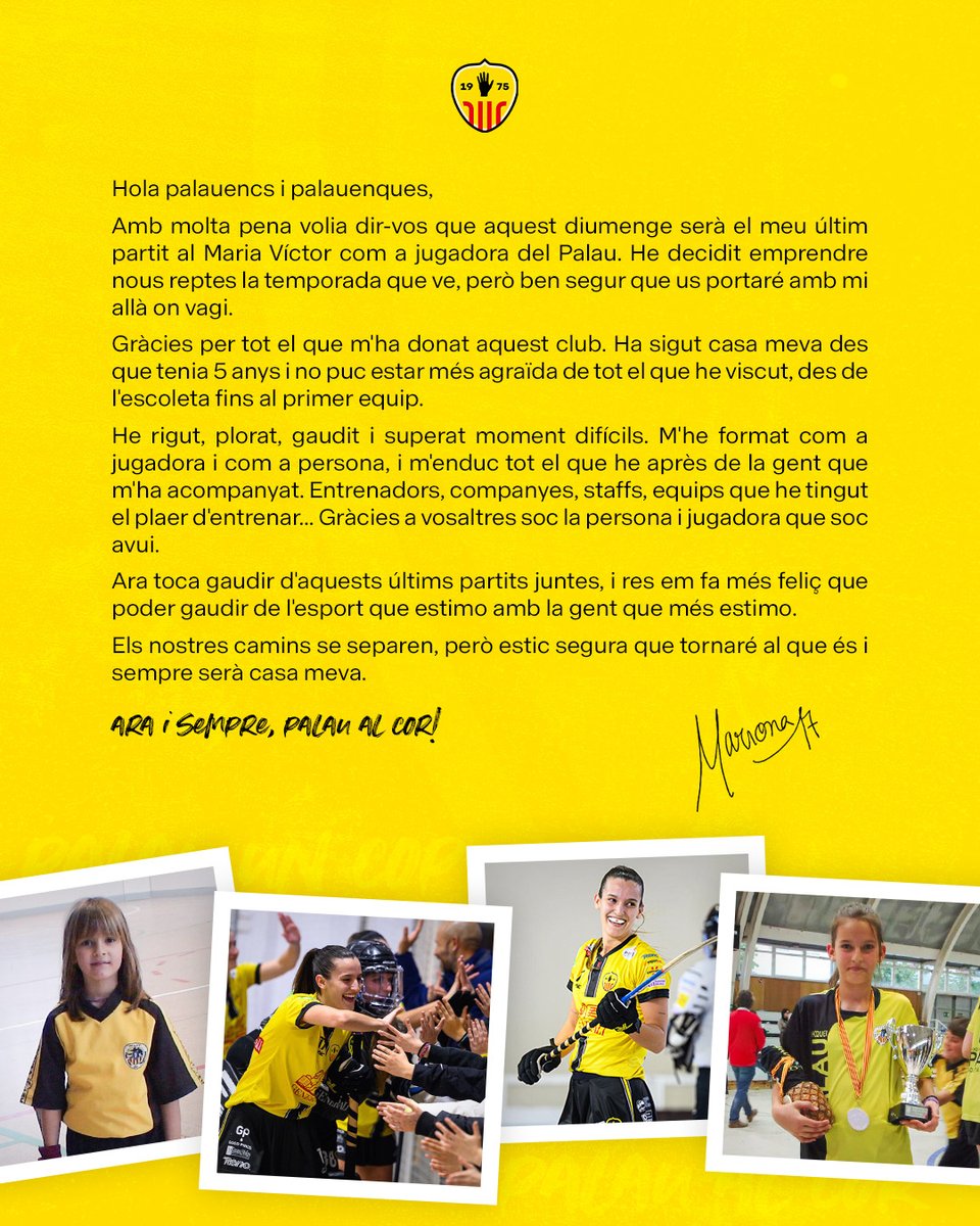 Mariona Colomer comunica el seu adeu després de 18 anys a l'HC Palau.

És un orgull haver compartit tantes temporades d'experiències i creixement conjunt. 

Moltes gràcies per sentir els colors convençuda dels reptes assolits, Mariona! 

Gaudirem somiant juntes fins al final 💛