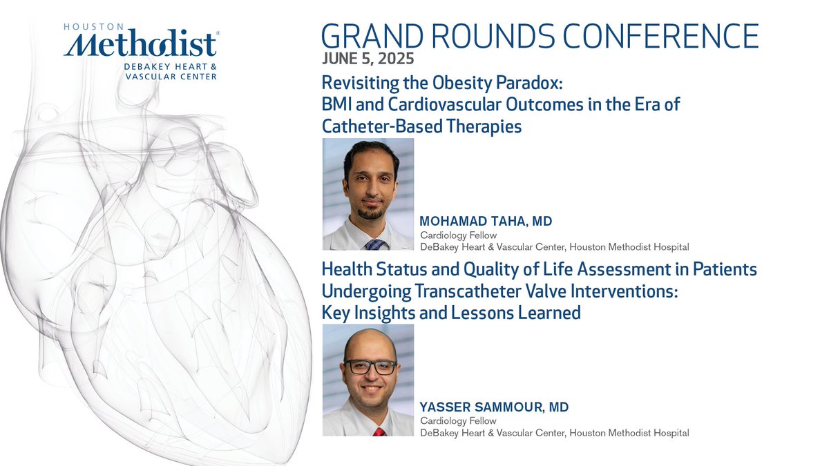 Join us June 5 for a Grand Rounds conference featuring Dr. Mohamad Taha, MD, presenting on the obesity paradox and Dr. Yasser Sammour, the health status and quality of life assessment in patients undergoing transcatheter valve interventions. Watch LIVE: bit.ly/GR060525r.