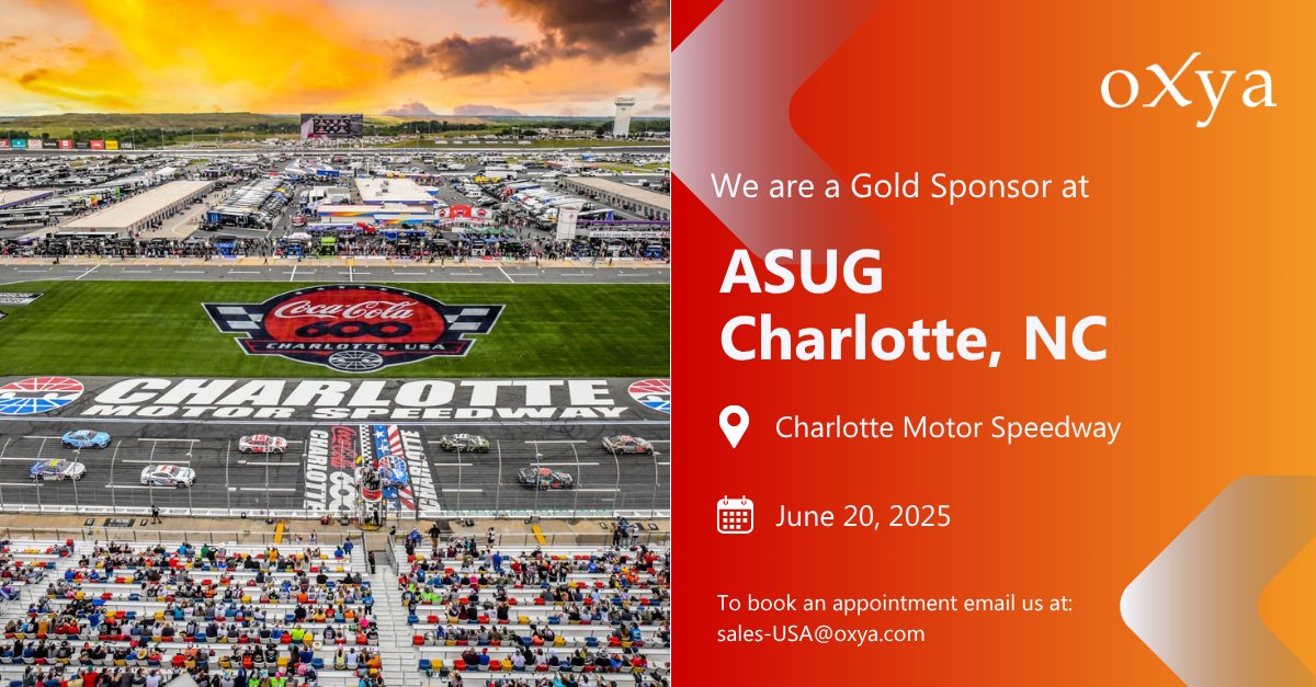 oXya_Global's tweet image. oXya is proud to be a Gold Sponsor of the upcoming ASUG Carolinas Chapter Summer Meeting, taking place on Friday, June 20 at the Charlotte Motor Speedway.

#ASUGCarolinas #SAPonCloud #SAPEvents #SAPCommunity #oXya