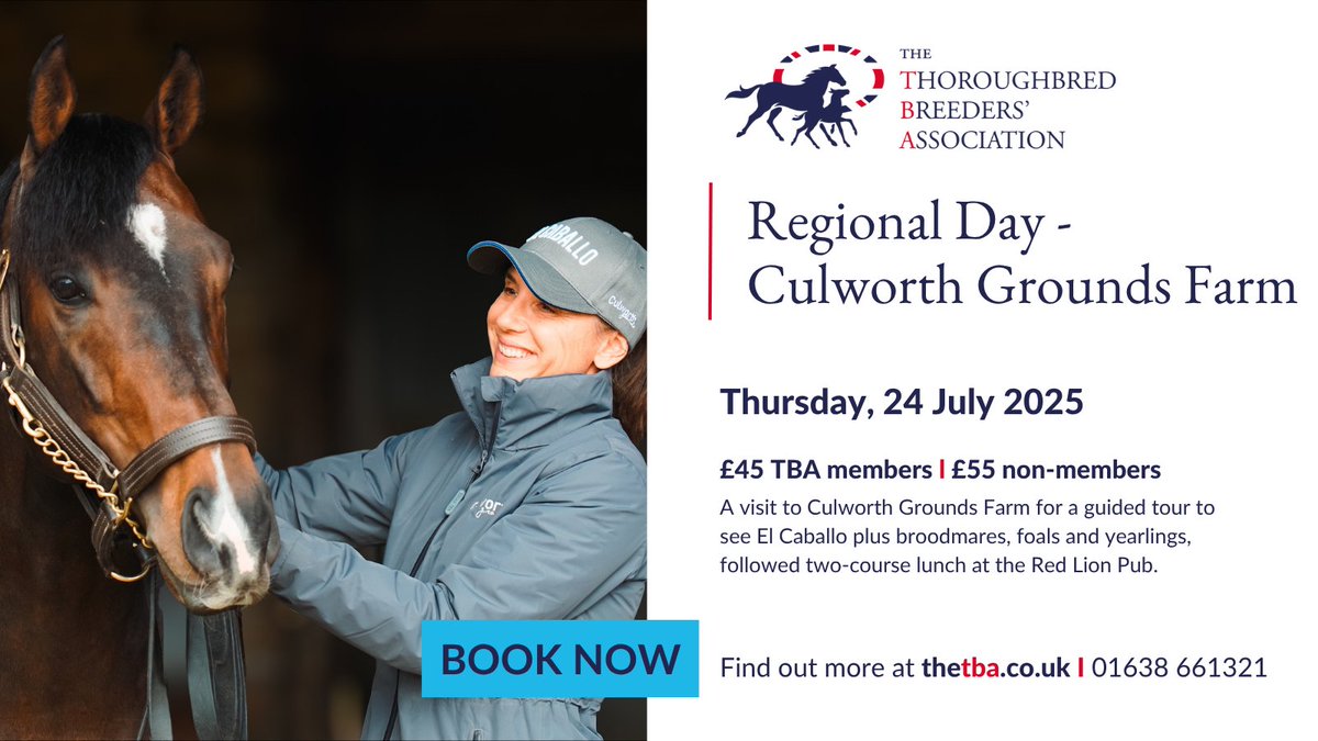 The Thoroughbred Breeders’ Association (The TBA) (@thetba_gb) on Twitter photo 🔷TBA WALES & MIDLANDS REGIONAL DAY🔷
Not to be missed! A visit to <a href="/CulworthGrounds/">Culworth Grounds</a> for a guided tour of the yard and stud including an opportunity to view El Caballo, followed by a two-course lunch.
Book now 👉 ow.ly/NRKg50W3khY 🔷TBA WALES & MIDLANDS REGIONAL DAY🔷
Not to be missed! A visit to <a href="/CulworthGrounds/">Culworth Grounds</a> for a guided tour of the yard and stud including an opportunity to view El Caballo, followed by a two-course lunch.
Book now 👉 ow.ly/NRKg50W3khY