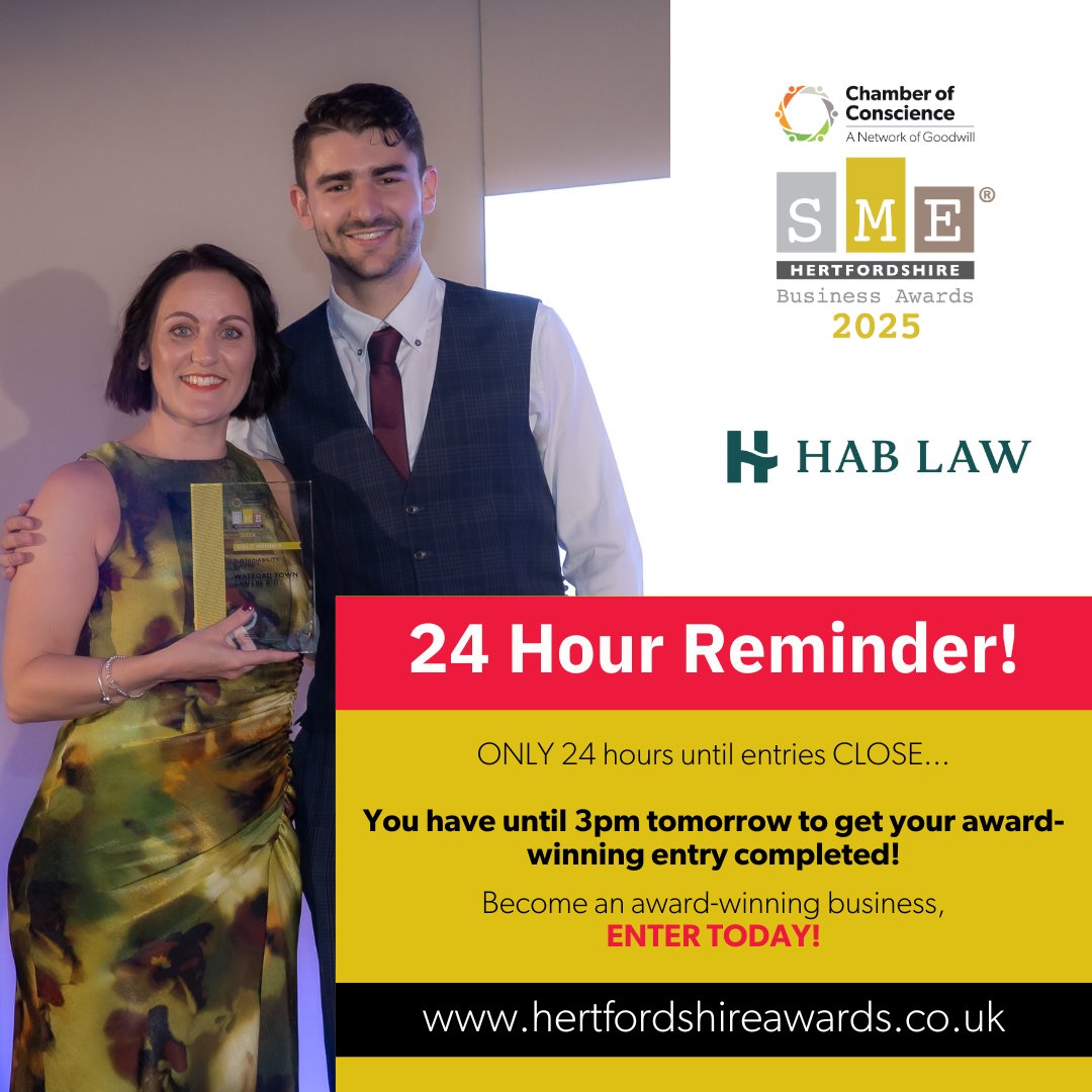 🥳 The SME Hertfordshire Business Awards provide an excellent opportunity for any SME in the county to enhance their visibility, credibility, and celebrate excellence!

DON’T miss out, enter TODAY 👉 tinyurl.com/4wsm8ftz