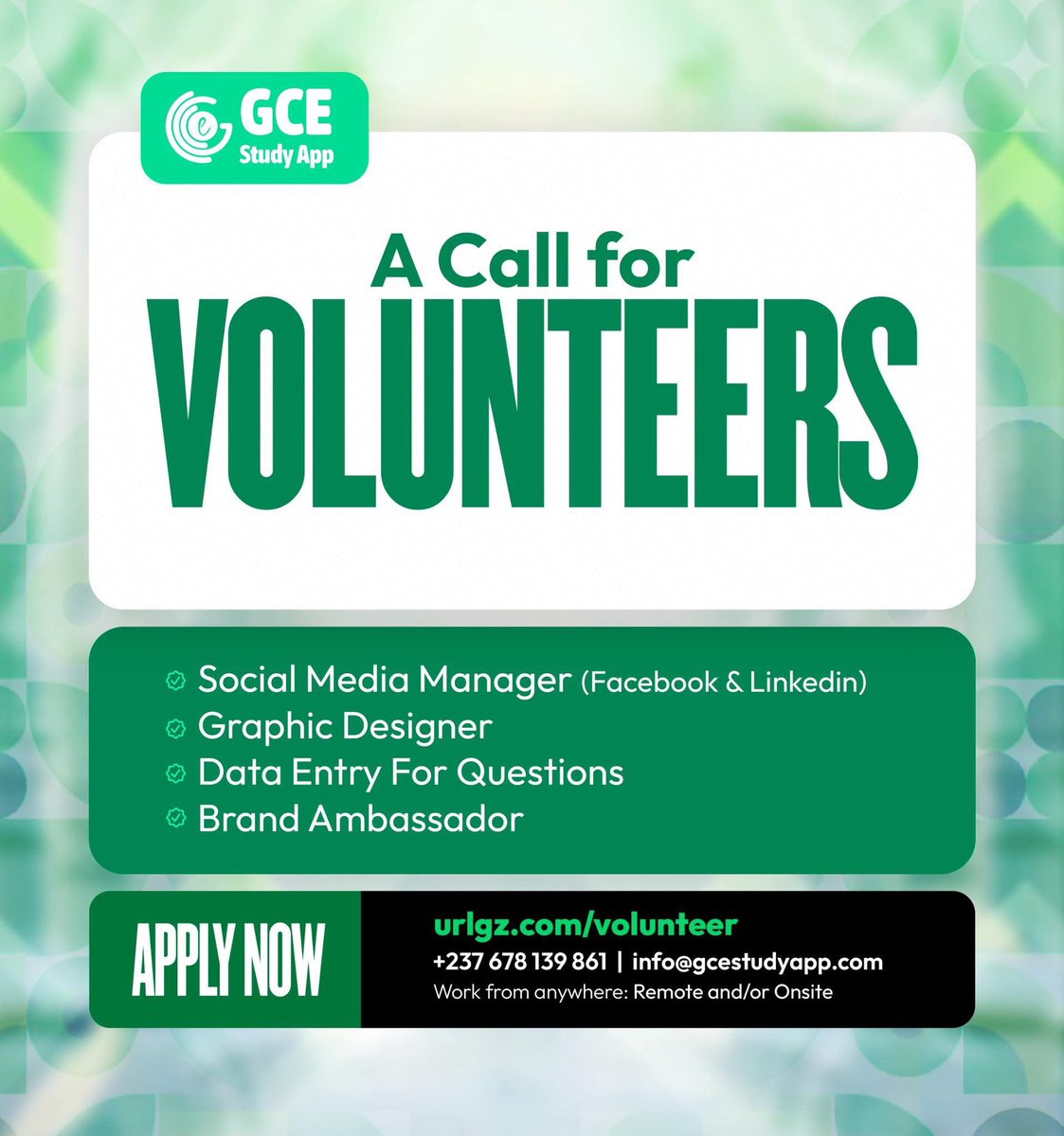CGCEGuideApp's tweet image. 📣 Calling on Volunteers!

Sharpen your skills while volunteering with us! The GCE Study App team is expanding, and we’re looking for dynamic individuals to join us in contributing to improving quality education in Cameroon📚

Apply Now👉: forms.gle/ti1nX2pUmtYBvq…