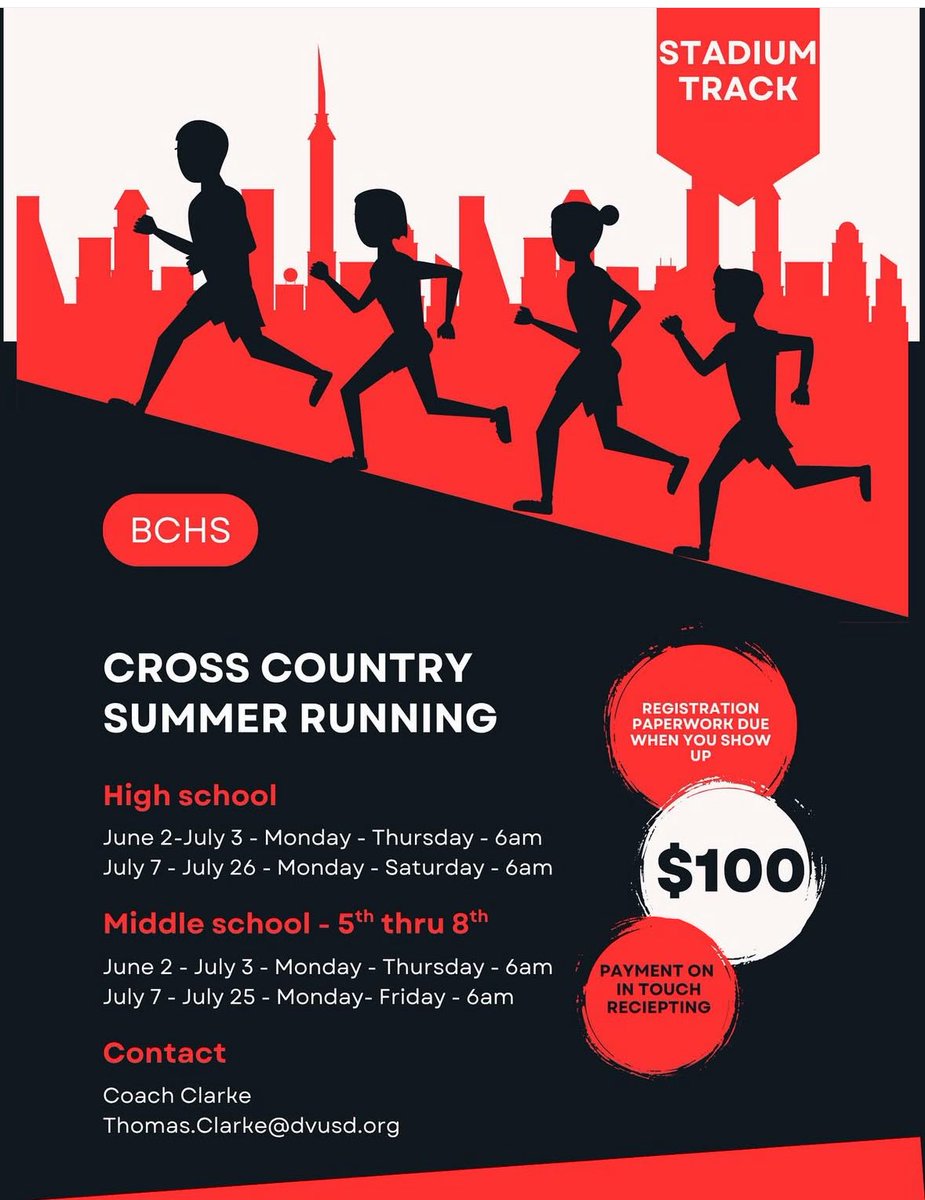 Canyon Springs STEM Academy (@canyonspringsdv) on Twitter photo BCHS Cross Country Summer Running Program is here! 3,
Open to 5th grade through high school - all experience levels welcome!
Only $100 for the entire summer
17 Train, and have fun with us all summer long
Sign up + pay at
laz-deervalley.intouchreceipting.com
<a href="/DVUSD/">Deer Valley Unified School District</a> <a href="/DvusdA/">DVUSDAthletics</a> BCHS Cross Country Summer Running Program is here! 3,
Open to 5th grade through high school - all experience levels welcome!
Only $100 for the entire summer
17 Train, and have fun with us all summer long
Sign up + pay at
laz-deervalley.intouchreceipting.com
<a href="/DVUSD/">Deer Valley Unified School District</a> <a href="/DvusdA/">DVUSDAthletics</a>