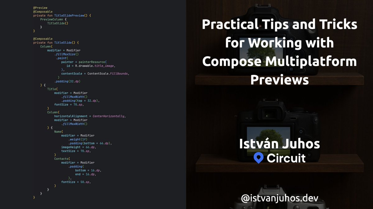 I'm wrapping up my talk at #mDevCamp 2025 about #Compose Mulitplatform previews. 📷

Check out the slides and the recording (when available) here:

istvanjuhos.dev/talks/20250603…

#AndroidDev #MobileDev