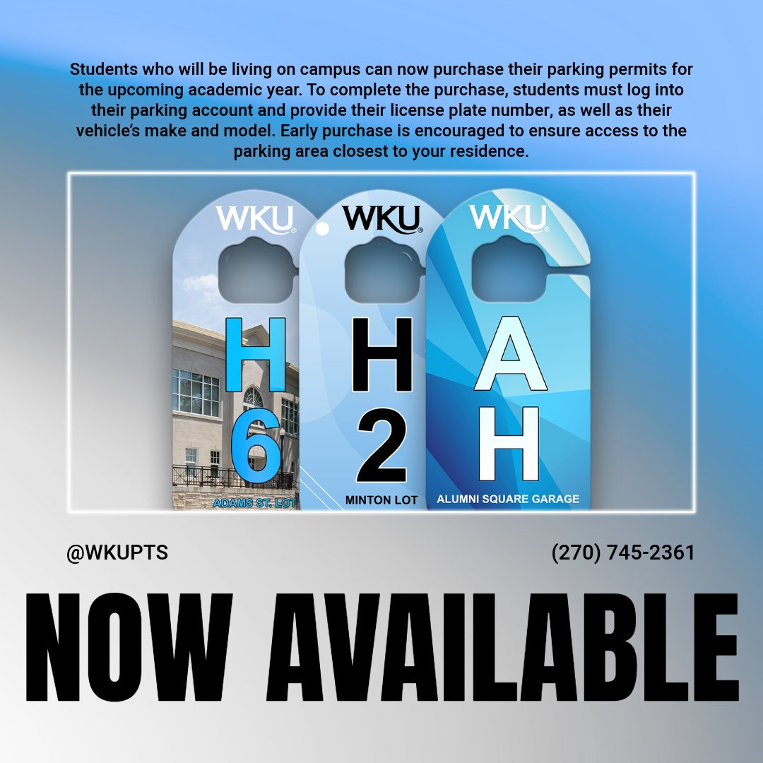 🏡 Living on campus this year? Housing student parking permits are now available!

To get yours:
🖥️ Log into your parking account
🔢 Have your license plate number ready
🚗 Know your vehicle's make &amp; model

wkuparking.t2hosted.com/Account/Portal