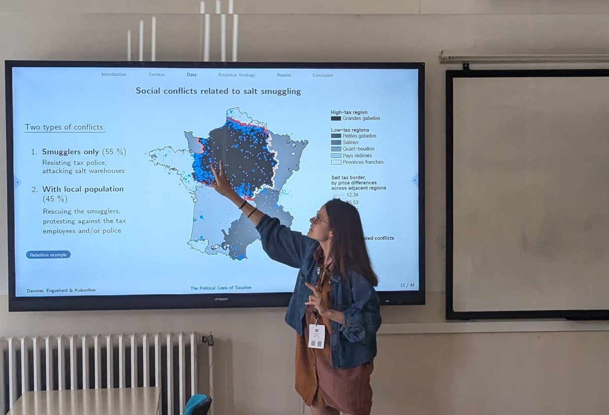 Luca Salvadori (@lvsalvadori) on Twitter photo <a href="/EvaDavoine/">Eva Davoine</a> presents at the <a href="/FundacioIEB/">IEB</a>–<a href="/taxobservatory/">EU Tax Observatory</a> Workshop: “The Political Costs of Taxation” Enforcing the salt tax in early modern France led to a 20-fold rise in state–citizen conflict effects lasting until the French Revolution Tax enforcement has deep political costs. <a href="/EvaDavoine/">Eva Davoine</a> presents at the <a href="/FundacioIEB/">IEB</a>–<a href="/taxobservatory/">EU Tax Observatory</a> Workshop: “The Political Costs of Taxation” Enforcing the salt tax in early modern France led to a 20-fold rise in state–citizen conflict effects lasting until the French Revolution Tax enforcement has deep political costs.