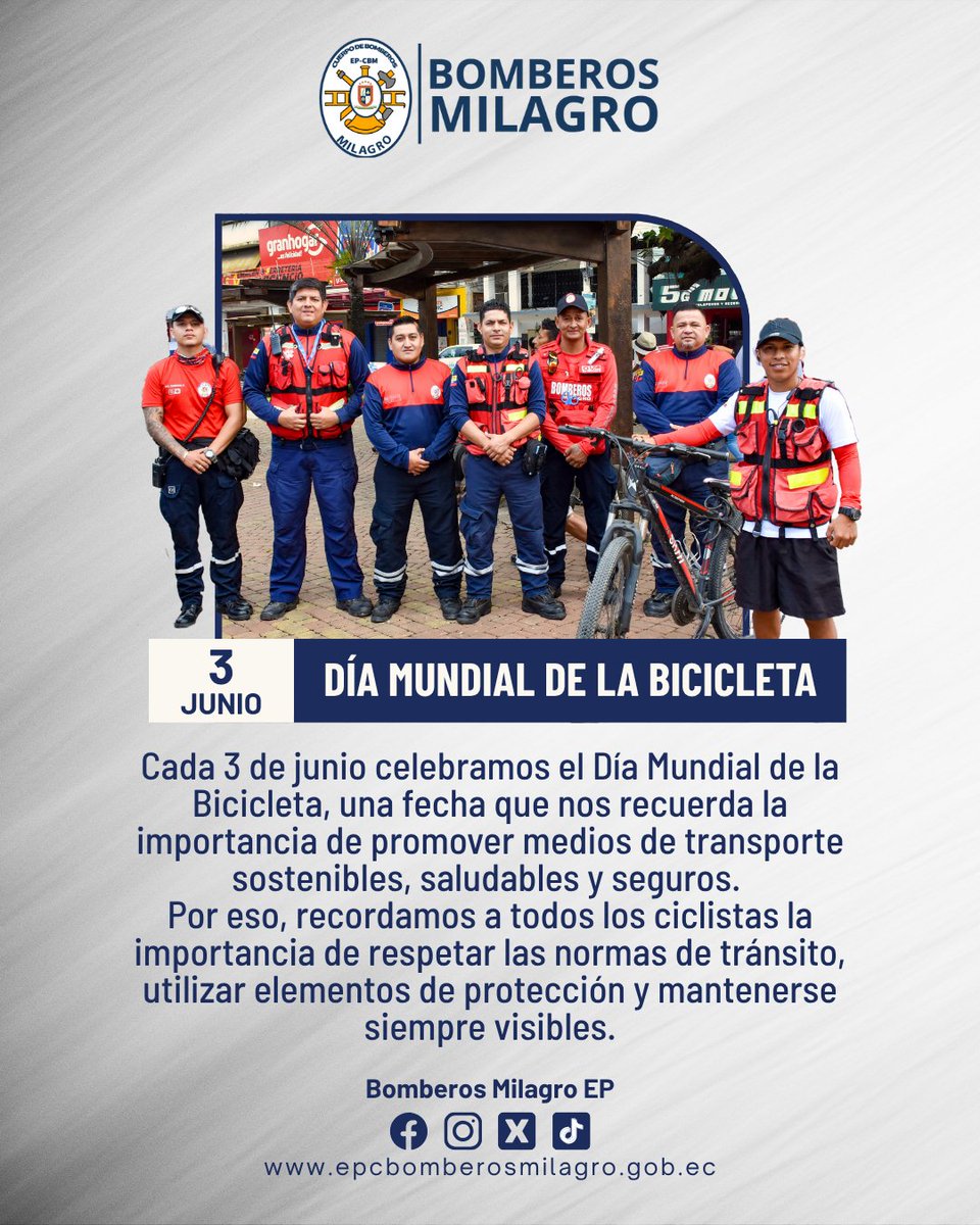 Hoy celebramos el poder de dos ruedas que no solo nos transporta, ¡sino que también cuida del planeta! 

Desde Bomberos Milagro, queremos recordar que la bicicleta es un medio de transporte sostenible, saludable y seguro… ¡si se usa con responsabilidad!

#DíaMundialDeLaBicicleta
