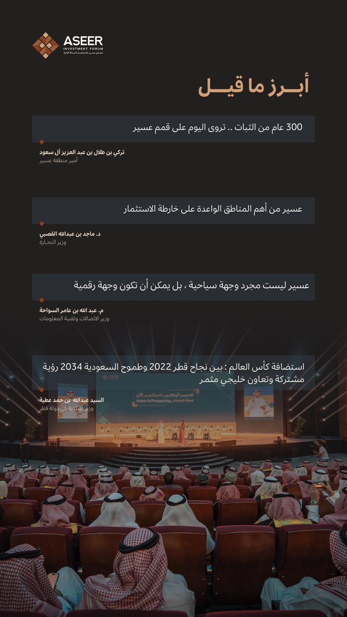 كلمات شامخة
تختزل الأمس وتحفز على الغد.
هنا أبرز ما قيل في #منتدى_عسير_للاستثمار2

#عسير_تسابق_المستقبل