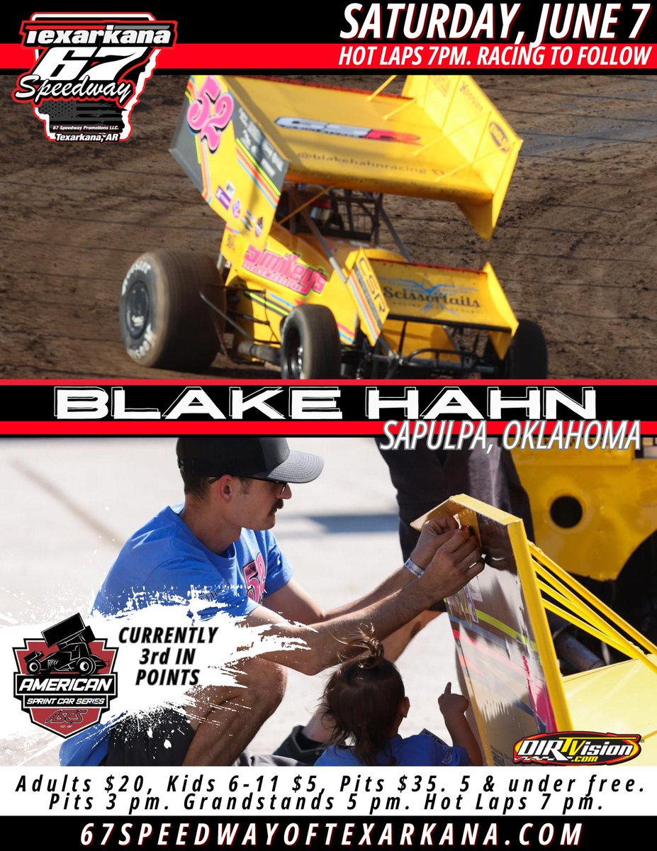 Texarkana 67 Speedway (@texarkana67) on Twitter photo Sapulpa, Oklahoma's <a href="/BlakeHahnRacing/">Blake Hahn Racing</a> is definitely no stranger to <a href="/Texarkana67/">Texarkana 67 Speedway</a>. Last July, Blake won the Ralph Henson Memorial. Can you do it again? Come check out all of the action this Saturday night!!!
📷<a href="/oklahomatidbits/">David Smith Jr</a> Sapulpa, Oklahoma's <a href="/BlakeHahnRacing/">Blake Hahn Racing</a> is definitely no stranger to <a href="/Texarkana67/">Texarkana 67 Speedway</a>. Last July, Blake won the Ralph Henson Memorial. Can you do it again? Come check out all of the action this Saturday night!!!
📷<a href="/oklahomatidbits/">David Smith Jr</a>