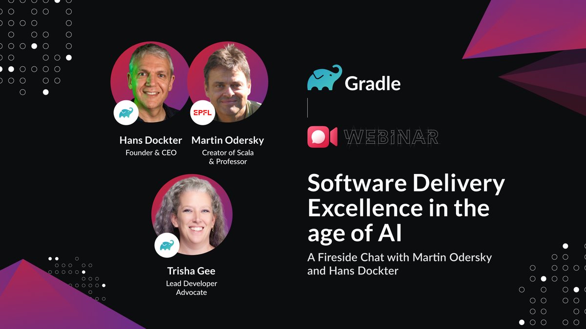 Gradle (@gradle) on Twitter photo 👀 ICMYI, #Scala creator <a href="/odersky/">Martin Odersky</a> and #Gradle creator <a href="/hans_d/">Hans Dockter</a> are meeting up Jun-26 for a fireside chat about the impacts to software delivery in the age of #AI!
Hosted by <a href="/trisha_gee/">Trisha Gee</a>, this session gathers together multiple luminaries to share ideas and predictions 🎉 👀 ICMYI, #Scala creator <a href="/odersky/">Martin Odersky</a> and #Gradle creator <a href="/hans_d/">Hans Dockter</a> are meeting up Jun-26 for a fireside chat about the impacts to software delivery in the age of #AI!
Hosted by <a href="/trisha_gee/">Trisha Gee</a>, this session gathers together multiple luminaries to share ideas and predictions 🎉