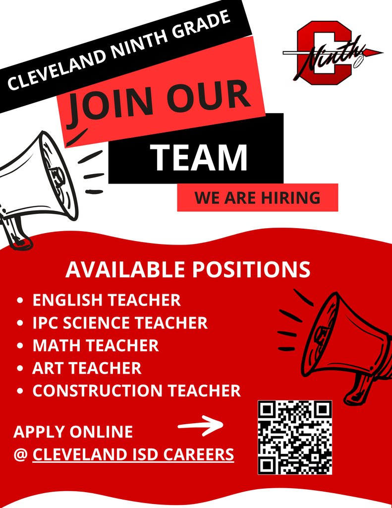 🚨 We're Hiring at C9! 🚨
Are you ready to make a difference in students’ lives? Now's your chance to JOIN OUR TEAM! 📚
We are currently seeking passionate and dedicated educators.
 Apply today by scanning the QR code or Cleveland ISD Careers
#C9Strong #JoinOurTeam